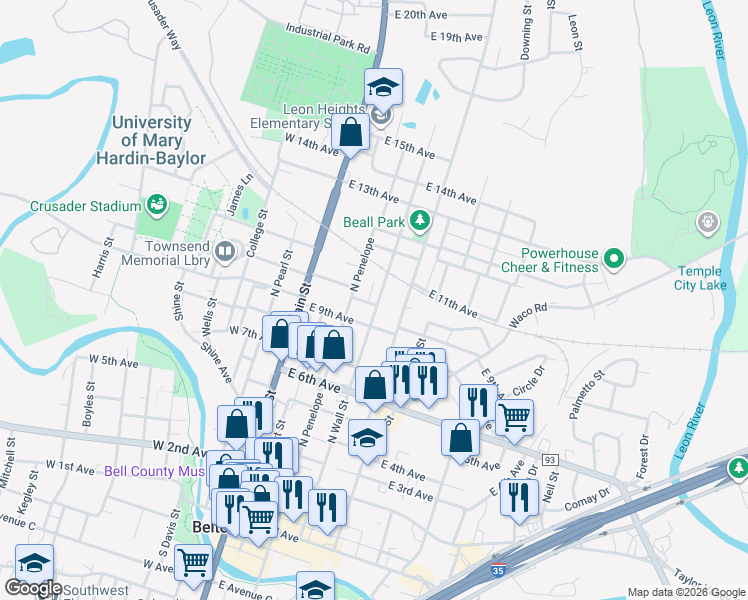 map of restaurants, bars, coffee shops, grocery stores, and more near 1000 North Wall Street in Belton