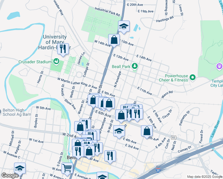 map of restaurants, bars, coffee shops, grocery stores, and more near 920 North Penelope Street in Belton