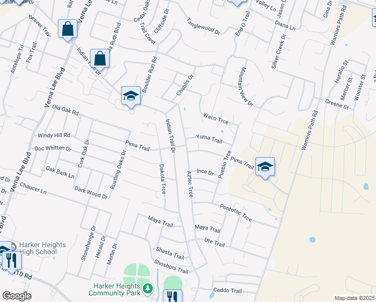 map of restaurants, bars, coffee shops, grocery stores, and more near 1602 Yuma Trail in Harker Heights