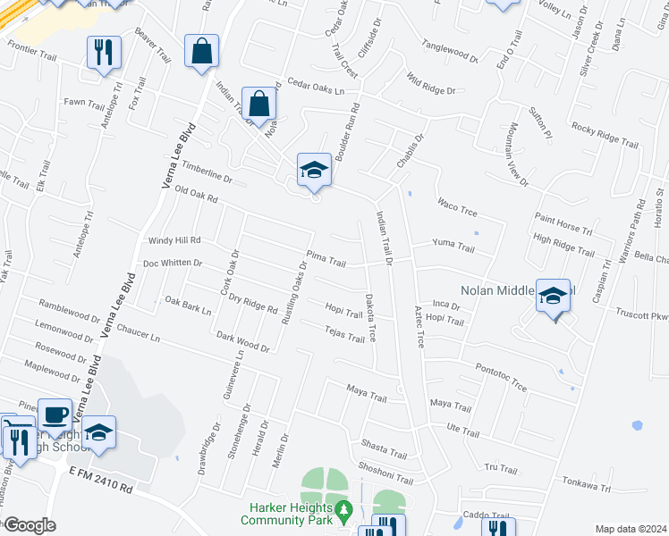 map of restaurants, bars, coffee shops, grocery stores, and more near 1407 Pima Trail in Harker Heights