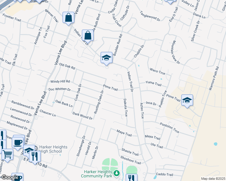map of restaurants, bars, coffee shops, grocery stores, and more near 1408 Pima Trail in Harker Heights