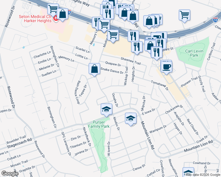map of restaurants, bars, coffee shops, grocery stores, and more near 106 Missouri Drive in Harker Heights