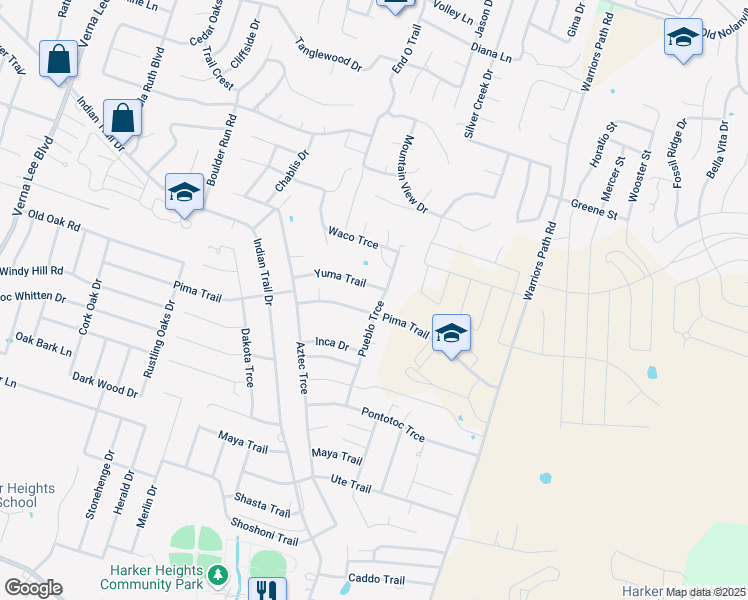 map of restaurants, bars, coffee shops, grocery stores, and more near 1633 Yuma Trail in Harker Heights