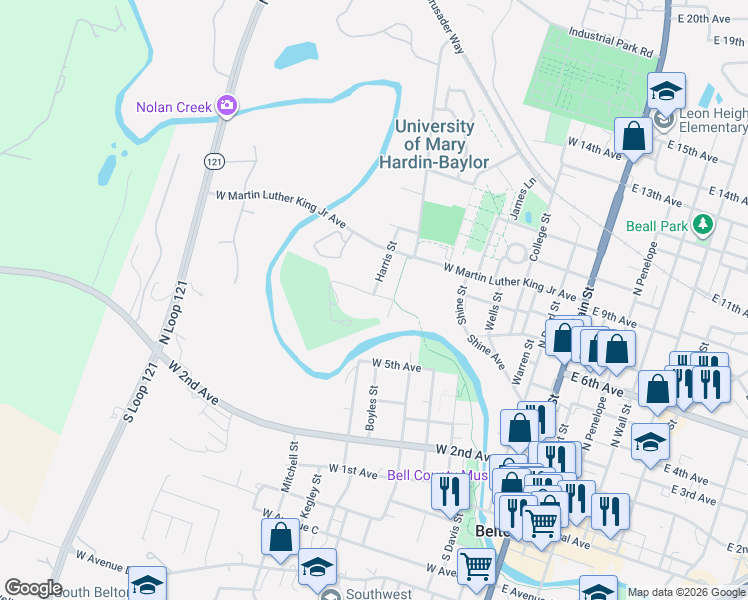 map of restaurants, bars, coffee shops, grocery stores, and more near 700 Harris Street in Belton