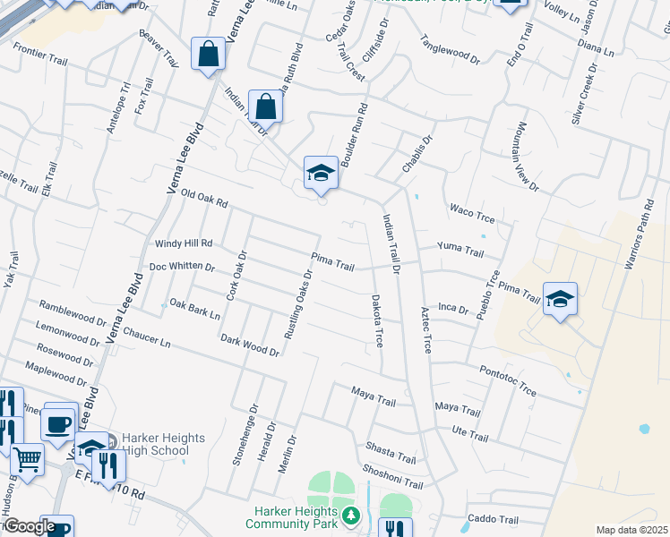 map of restaurants, bars, coffee shops, grocery stores, and more near 1407 Pima Trail in Harker Heights