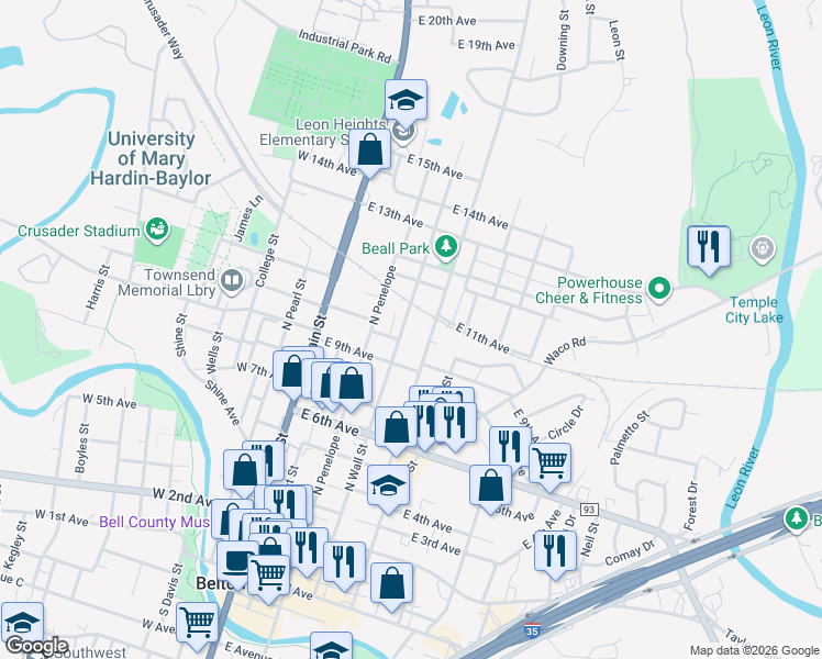 map of restaurants, bars, coffee shops, grocery stores, and more near 820 North Beal Street in Belton
