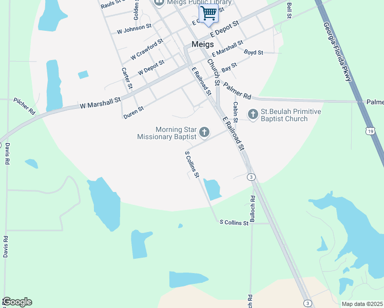 map of restaurants, bars, coffee shops, grocery stores, and more near 3070 South Collins Street in Meigs