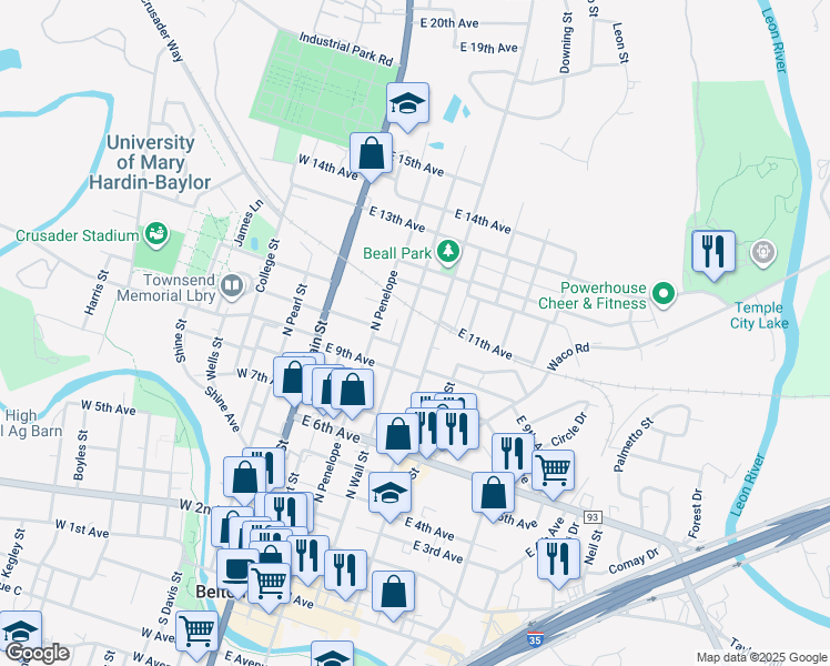 map of restaurants, bars, coffee shops, grocery stores, and more near 1013 North Wall Street in Belton
