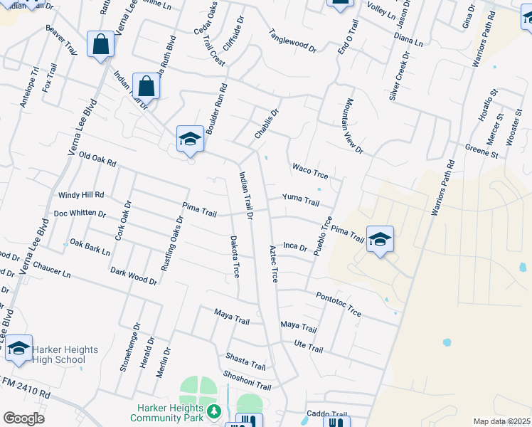 map of restaurants, bars, coffee shops, grocery stores, and more near 1523 Indian Trail in Harker Heights