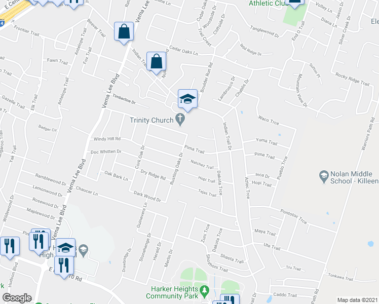map of restaurants, bars, coffee shops, grocery stores, and more near 1204 Pima Trail in Harker Heights