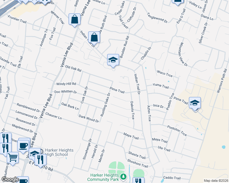 map of restaurants, bars, coffee shops, grocery stores, and more near 1204 Pima Trail in Harker Heights