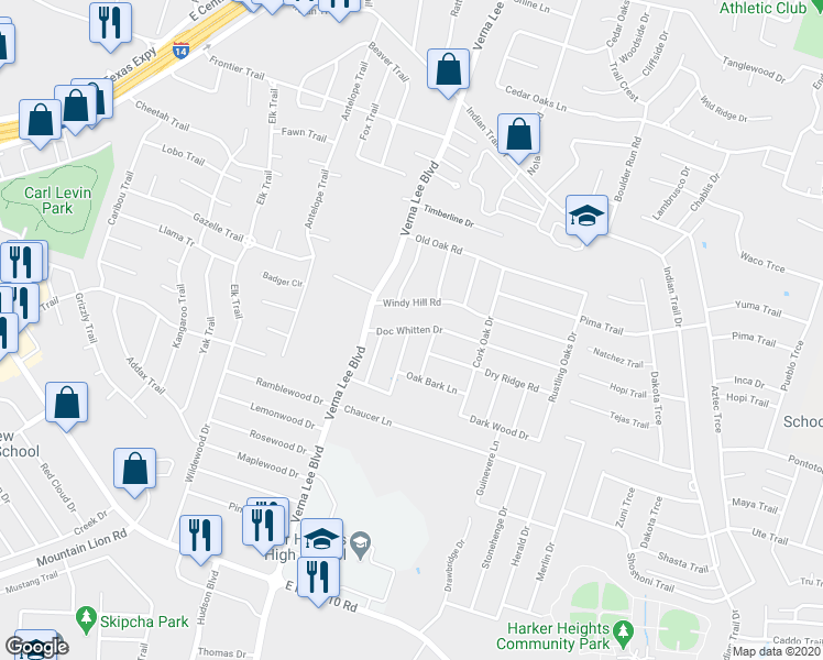 map of restaurants, bars, coffee shops, grocery stores, and more near 1126 Doc Whitten Drive in Harker Heights