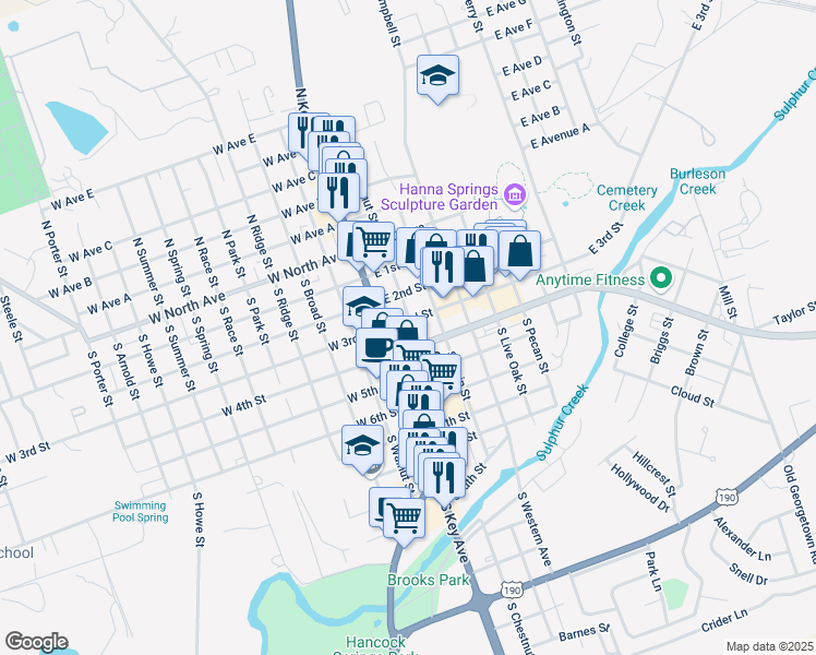 map of restaurants, bars, coffee shops, grocery stores, and more near 200-220 East 3rd Street in Lampasas