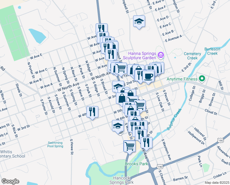 map of restaurants, bars, coffee shops, grocery stores, and more near 302 South Walnut Street in Lampasas