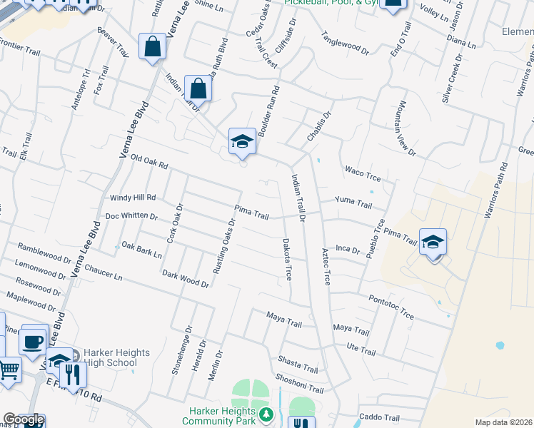 map of restaurants, bars, coffee shops, grocery stores, and more near 1413 Pima Trail in Harker Heights