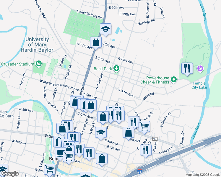 map of restaurants, bars, coffee shops, grocery stores, and more near 820 North Beal Street in Belton