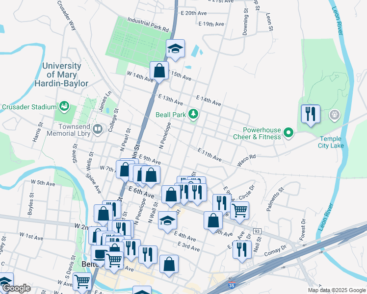 map of restaurants, bars, coffee shops, grocery stores, and more near 820 North Beal Street in Belton