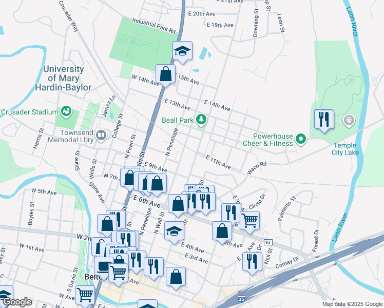 map of restaurants, bars, coffee shops, grocery stores, and more near 820 North Beal Street in Belton