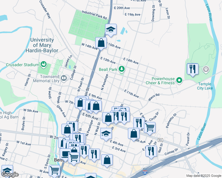 map of restaurants, bars, coffee shops, grocery stores, and more near 820 North Beal Street in Belton