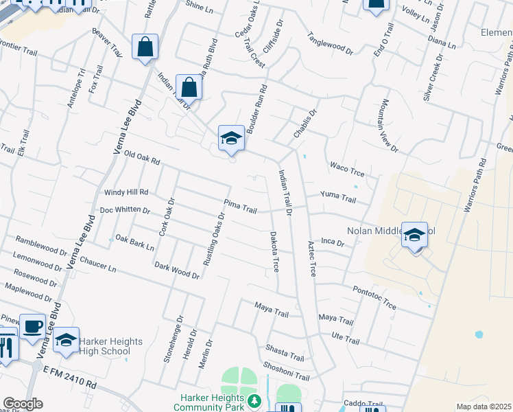map of restaurants, bars, coffee shops, grocery stores, and more near 1407 Pima Trail in Harker Heights