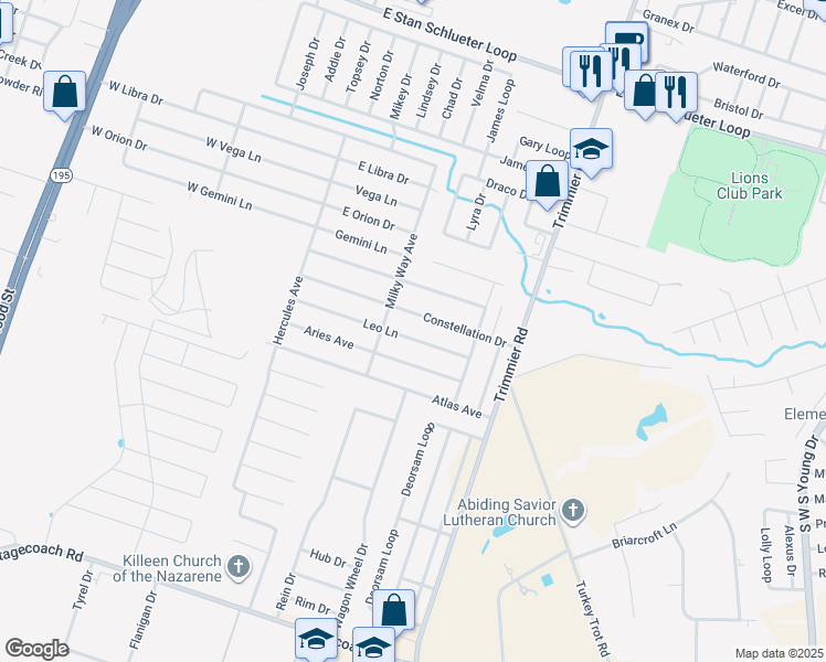 map of restaurants, bars, coffee shops, grocery stores, and more near 610 Constellation Drive in Killeen