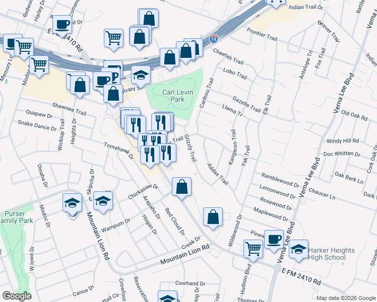 map of restaurants, bars, coffee shops, grocery stores, and more near 2107 Ocelot Trail in Harker Heights