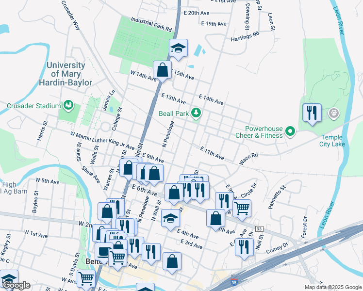 map of restaurants, bars, coffee shops, grocery stores, and more near 1025 North Wall Street in Belton