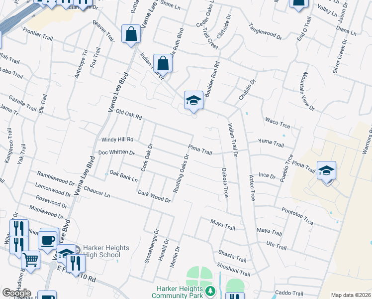map of restaurants, bars, coffee shops, grocery stores, and more near 1204 Pima Trail in Harker Heights