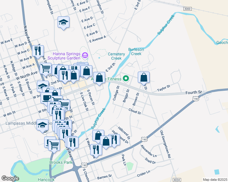 map of restaurants, bars, coffee shops, grocery stores, and more near 514 College Street in Lampasas