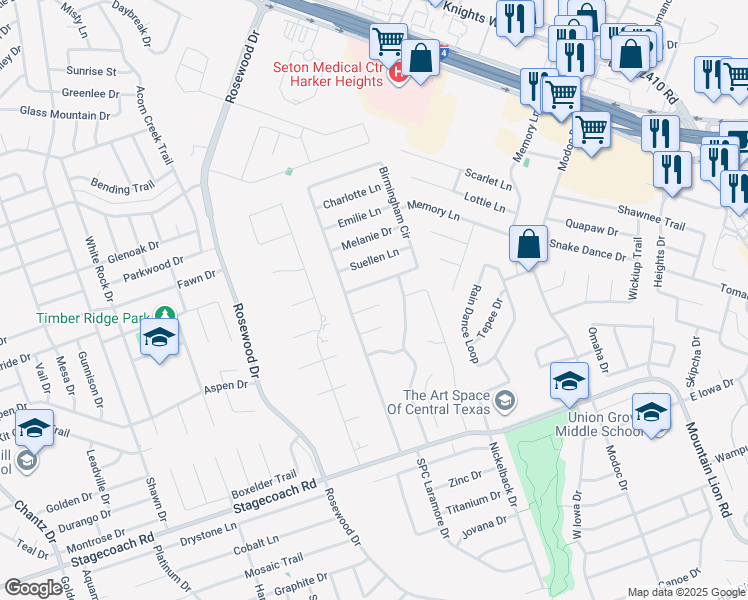 map of restaurants, bars, coffee shops, grocery stores, and more near 5303 Southern Belle Drive in Killeen
