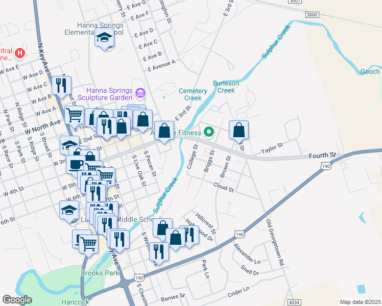 map of restaurants, bars, coffee shops, grocery stores, and more near 514 College Street in Lampasas