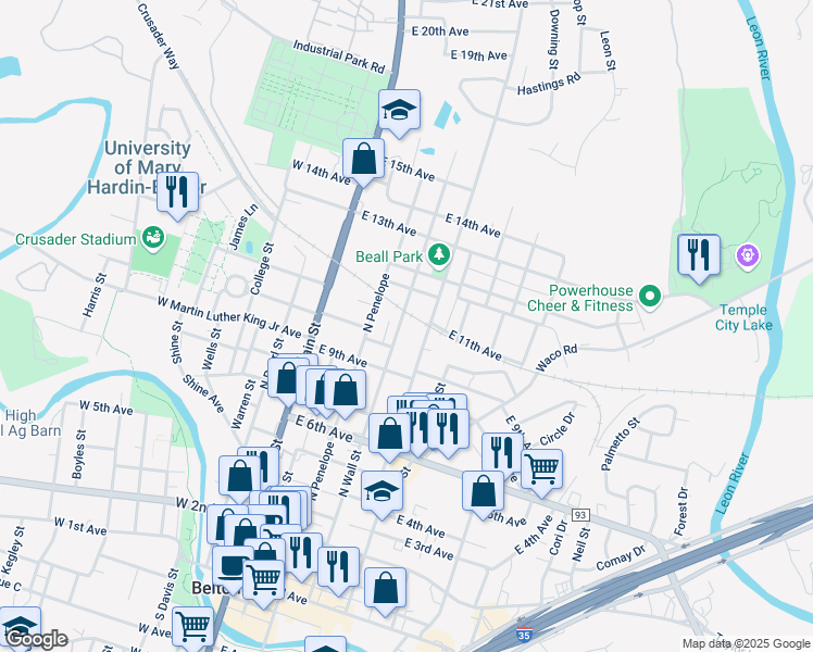 map of restaurants, bars, coffee shops, grocery stores, and more near 1029 North Wall Street in Belton