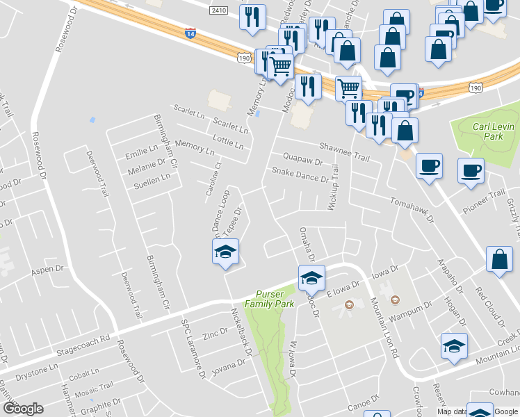 map of restaurants, bars, coffee shops, grocery stores, and more near 2132 Modoc Drive in Harker Heights