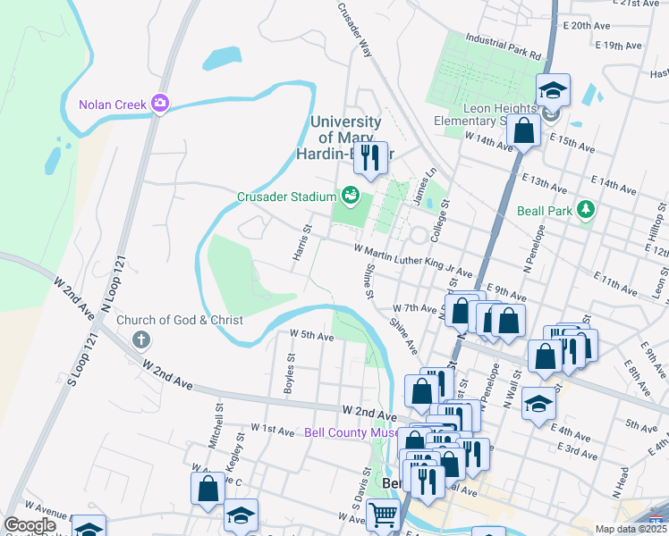 map of restaurants, bars, coffee shops, grocery stores, and more near 600 West Martin Luther King Junior Avenue in Belton