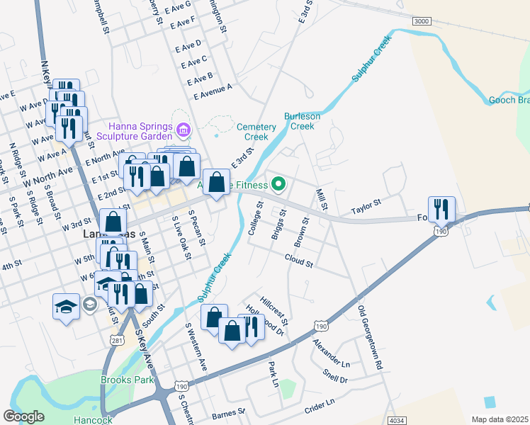 map of restaurants, bars, coffee shops, grocery stores, and more near 509 College Street in Lampasas