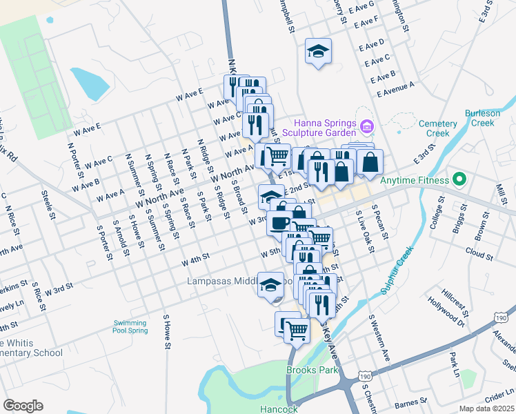 map of restaurants, bars, coffee shops, grocery stores, and more near 302 South Walnut Street in Lampasas