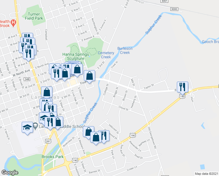 map of restaurants, bars, coffee shops, grocery stores, and more near 509 College Street in Lampasas