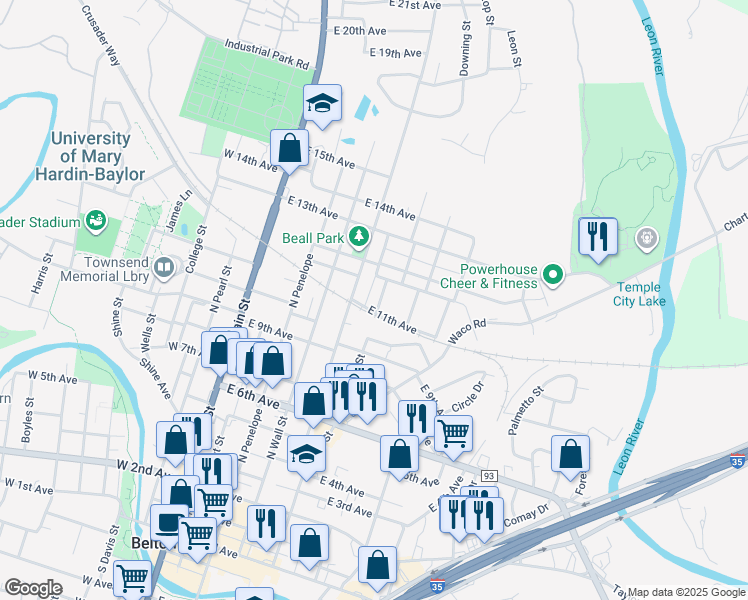 map of restaurants, bars, coffee shops, grocery stores, and more near 1102 North Blair Street in Belton
