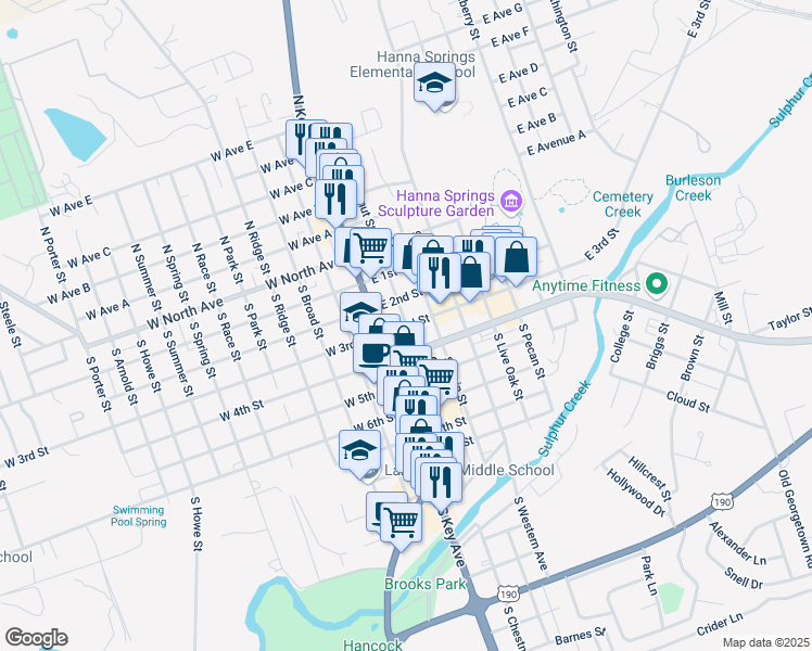 map of restaurants, bars, coffee shops, grocery stores, and more near 200 East 3rd Street in Lampasas