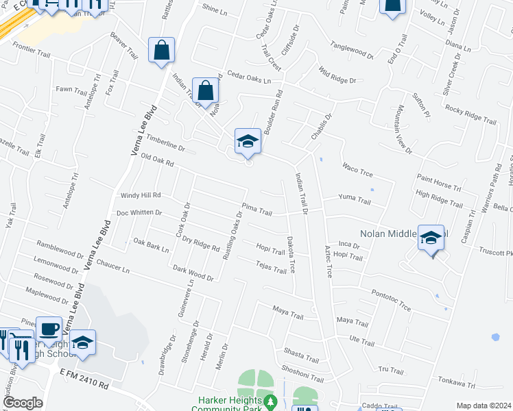 map of restaurants, bars, coffee shops, grocery stores, and more near 1415 Pima Trail in Harker Heights