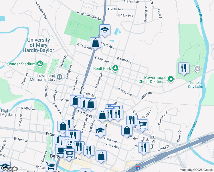 map of restaurants, bars, coffee shops, grocery stores, and more near 820 North Beal Street in Belton