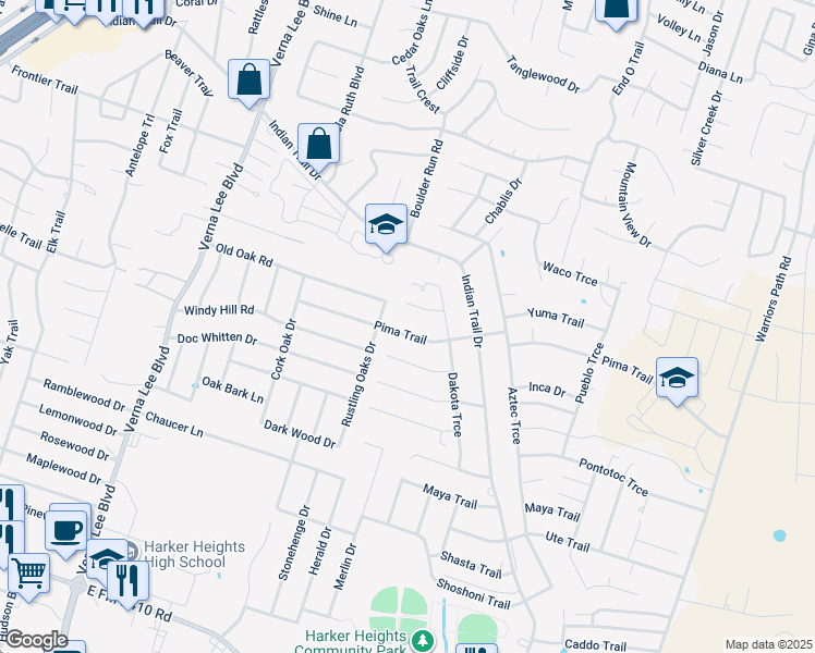 map of restaurants, bars, coffee shops, grocery stores, and more near 1407 Pima Trail in Harker Heights