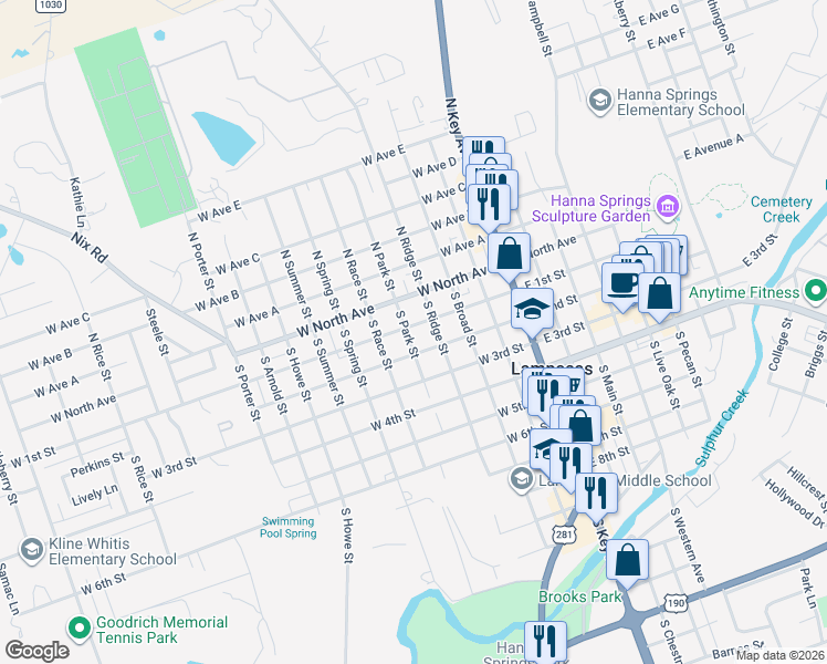 map of restaurants, bars, coffee shops, grocery stores, and more near 406 West 1st Street in Lampasas