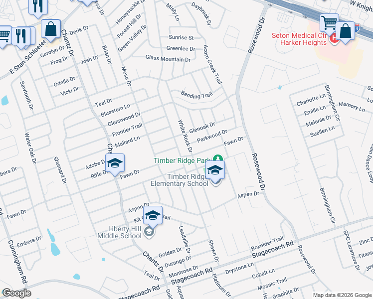 map of restaurants, bars, coffee shops, grocery stores, and more near 5111 White Rock Drive in Killeen