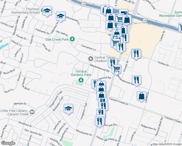 map of restaurants, bars, coffee shops, grocery stores, and more near 3814 Lancelot Lane in Temple