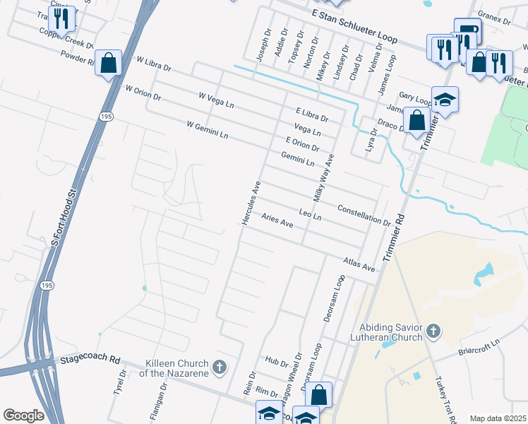 map of restaurants, bars, coffee shops, grocery stores, and more near 307 Aries Drive in Killeen