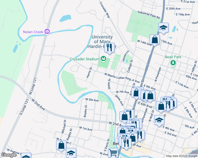 map of restaurants, bars, coffee shops, grocery stores, and more near 600 West Martin Luther King Junior Avenue in Belton