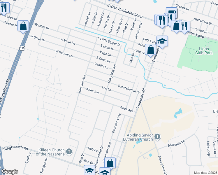 map of restaurants, bars, coffee shops, grocery stores, and more near 511 Leo Lane in Killeen