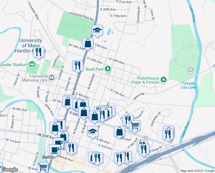 map of restaurants, bars, coffee shops, grocery stores, and more near 1102 North Blair Street in Belton