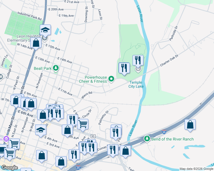 map of restaurants, bars, coffee shops, grocery stores, and more near 907 Hander Lane in Belton